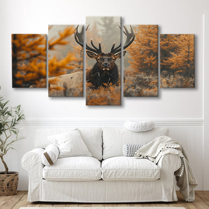 Elk With Antlers Lying In A Dense Autum, Hunting Art Decor, Painting Art, Mixed Panels Canvas Print Wall Art