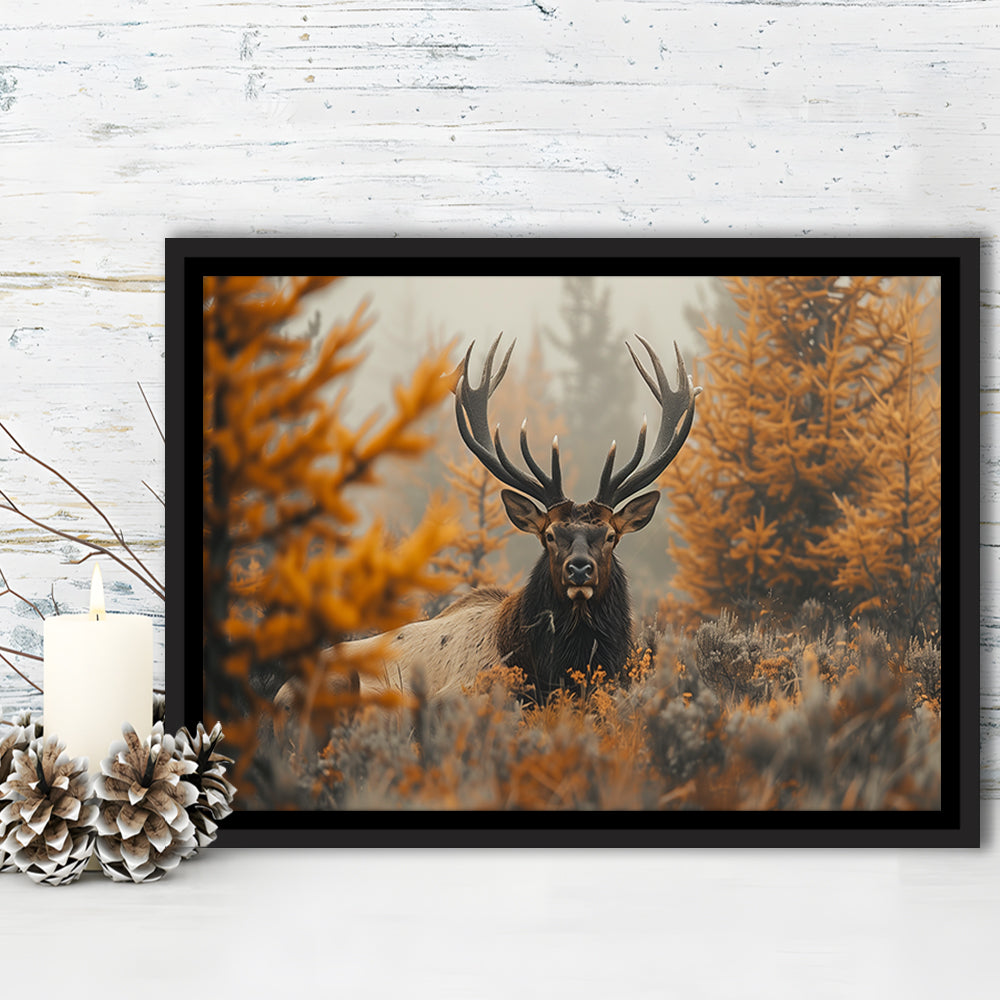 Elk With Antlers Lying In A Dense Autum, Hunting Art Decor, Painting Art, Floating Framed Canvas Print Wall Art