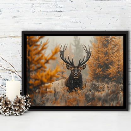Elk With Antlers Lying In A Dense Autum, Hunting Art Decor, Painting Art, Floating Framed Canvas Print Wall Art