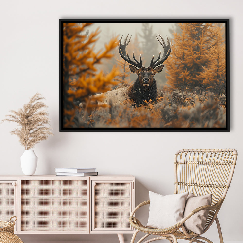Elk With Antlers Lying In A Dense Autum, Hunting Art Decor, Painting Art, Floating Framed Canvas Print Wall Art