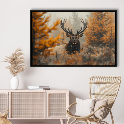 Elk With Antlers Lying In A Dense Autum, Hunting Art Decor, Painting Art, Floating Framed Canvas Print Wall Art