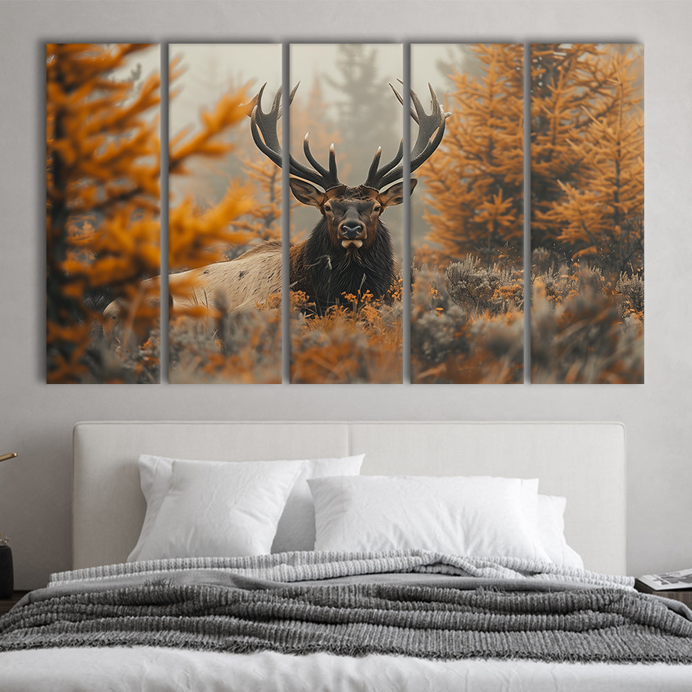 Elk With Antlers Lying In A Dense Autum, Hunting Art, Painting Art, Multi Panels Canvas Print Wall Art