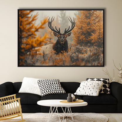 Elk With Antlers Lying In A Dense Autum, Hunting Art Decor, Painting Art, Floating Framed Canvas Print Wall Art