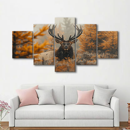 Elk With Antlers Lying In A Dense Autum, Hunting Art Decor, Painting Art, Mixed Panels Canvas Print Wall Art