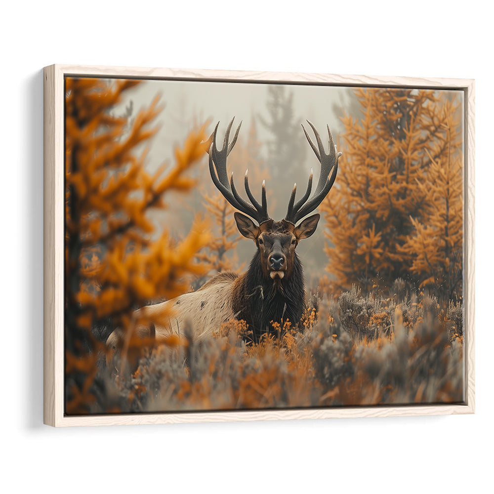 Elk With Antlers Lying In A Dense Autum, Hunting Art Decor, Painting Art, Floating Framed Canvas Print Wall Art