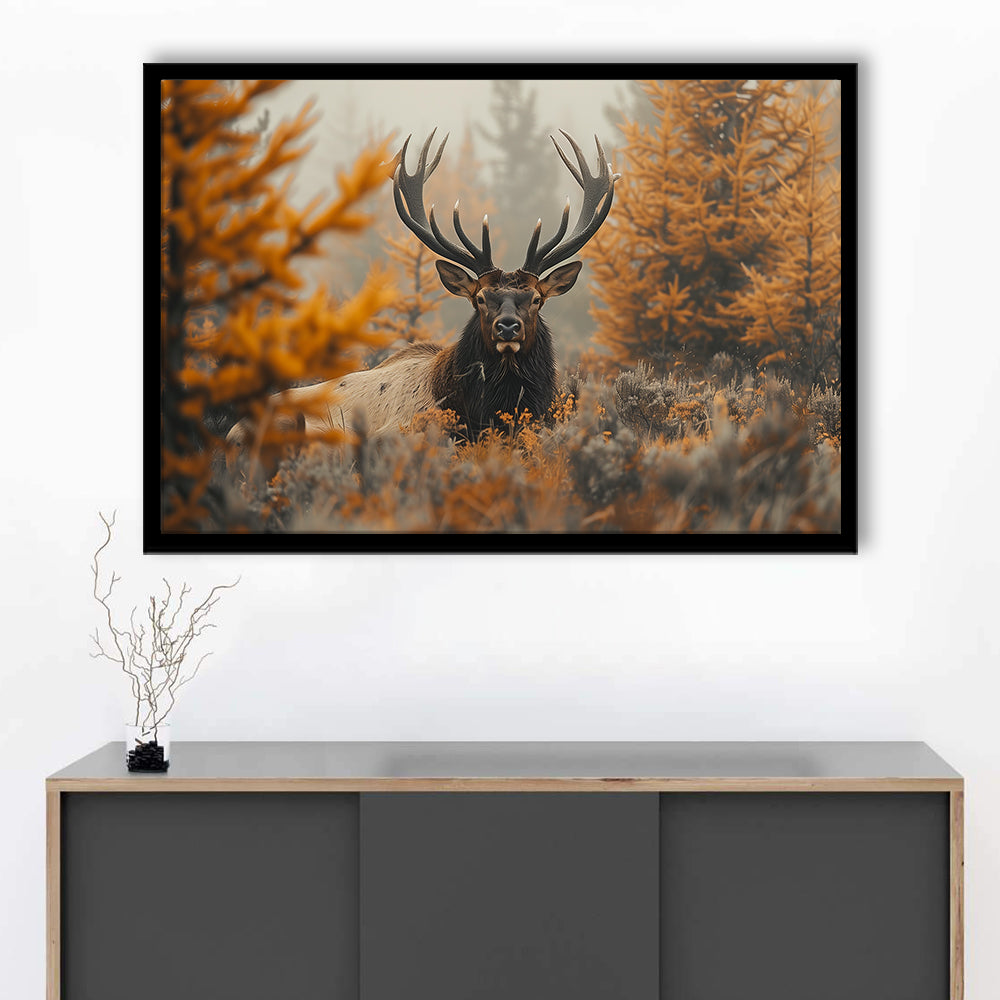 Elk With Antlers Lying In A Dense Autum, Hunting Art Decor, Painting Art, Framed Art Print Wall Decor, Framed Picture