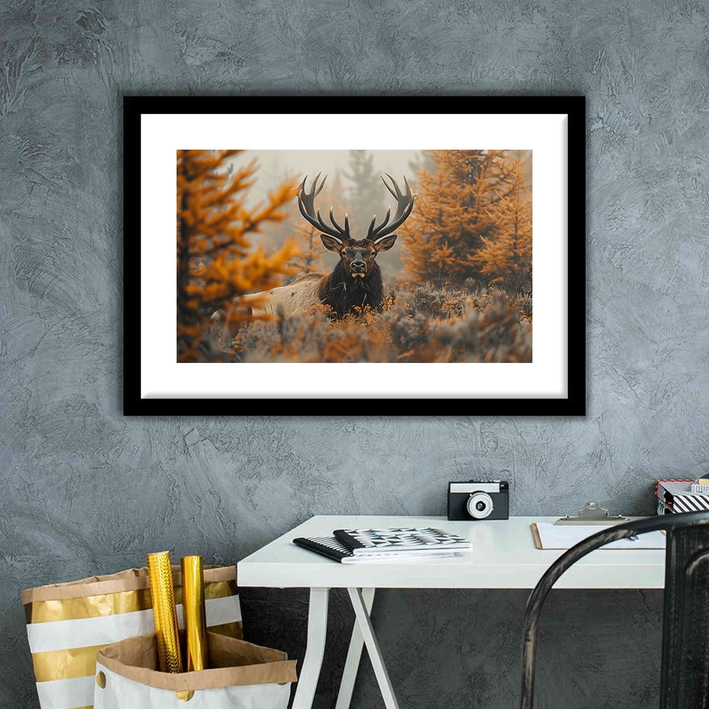 Elk With Antlers Lying In A Dense Autum, Hunting Art Decor, Painting Art, Framed Art Print White Border Wall Decor