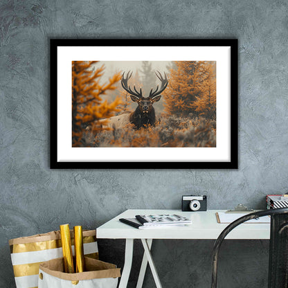 Elk With Antlers Lying In A Dense Autum, Hunting Art Decor, Painting Art, Framed Art Print White Border Wall Decor