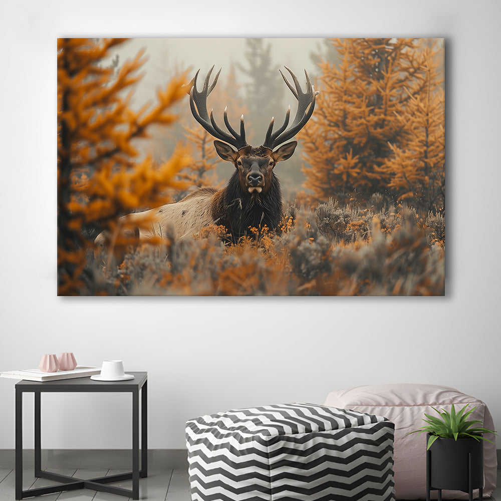 Elk With Antlers Lying In A Dense Autum, Hunting Art Decor, Painting Art, Canvas Print Wall Art Home Decor