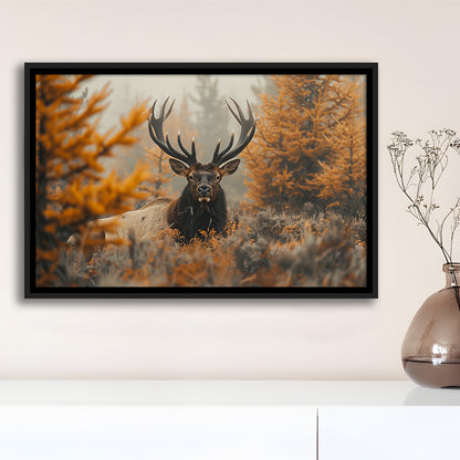 Elk With Antlers Lying In A Dense Autum, Hunting Art Decor, Painting Art, Floating Framed Canvas Print Wall Art