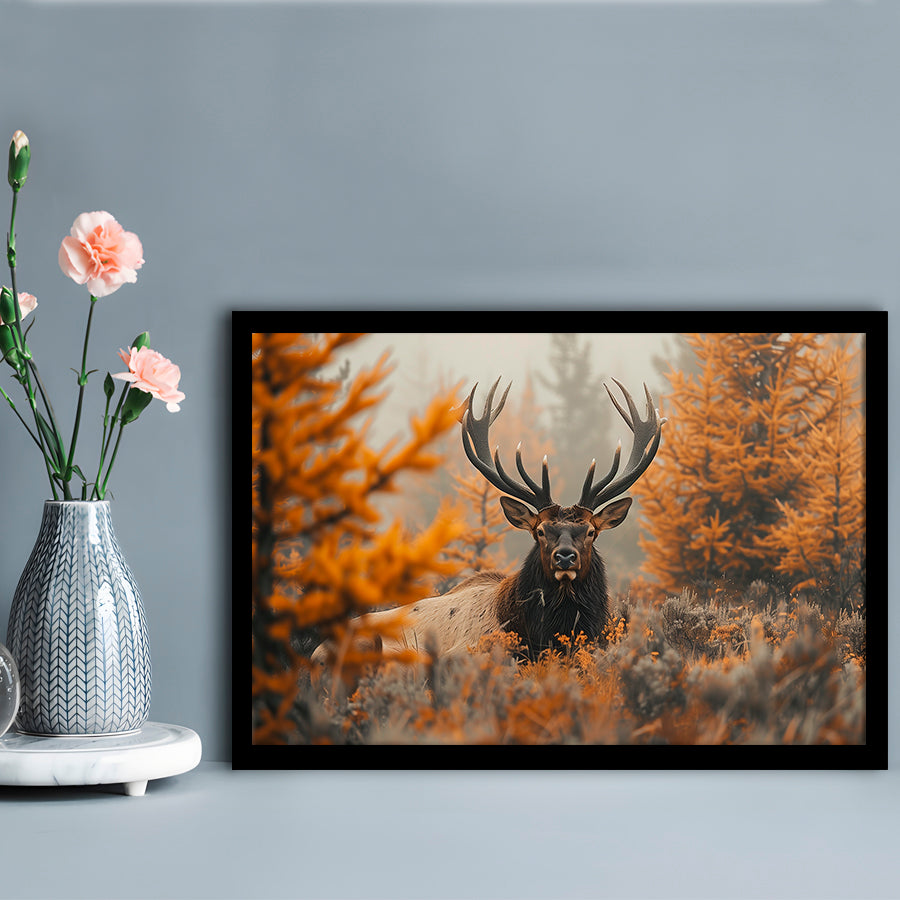 Elk With Antlers Lying In A Dense Autum, Hunting Art Decor, Painting Art, Framed Art Print Wall Decor, Framed Picture