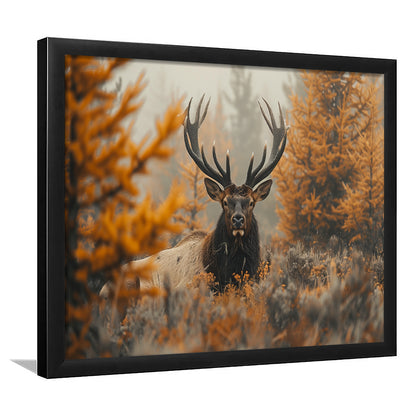 Elk With Antlers Lying In A Dense Autum, Hunting Art Decor, Painting Art, Framed Art Print Wall Decor, Framed Picture