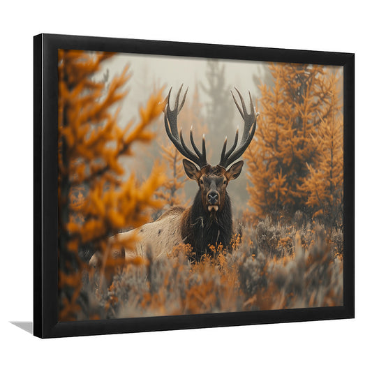 Elk With Antlers Lying In A Dense Autum, Hunting Art Decor, Painting Art, Framed Art Print Wall Decor, Framed Picture