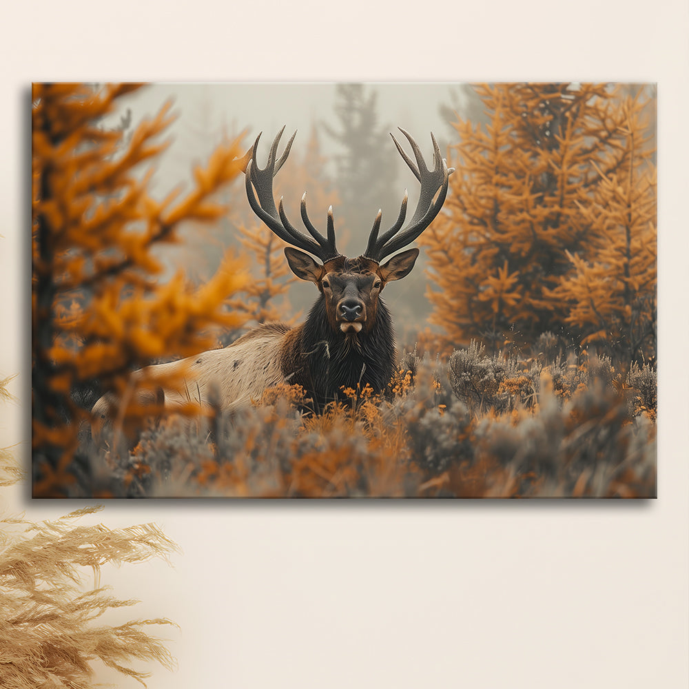 Elk With Antlers Lying In A Dense Autum, Hunting Art Decor, Painting Art, Canvas Print Wall Art Home Decor
