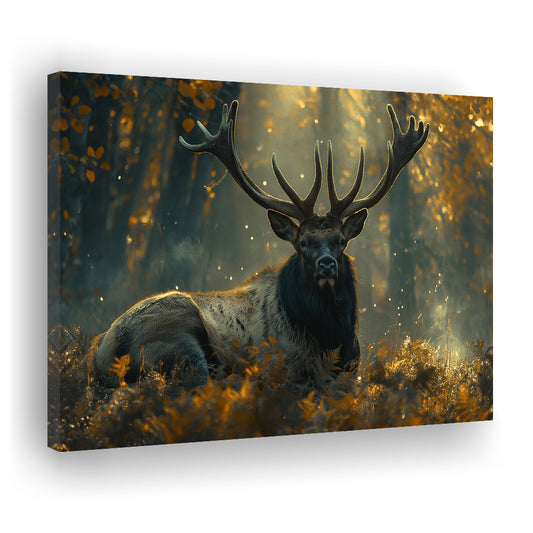 Elk With Antlers Lying In Forest, Hunting Art Decor, Painting Art, Canvas Print Wall Art Home Decor