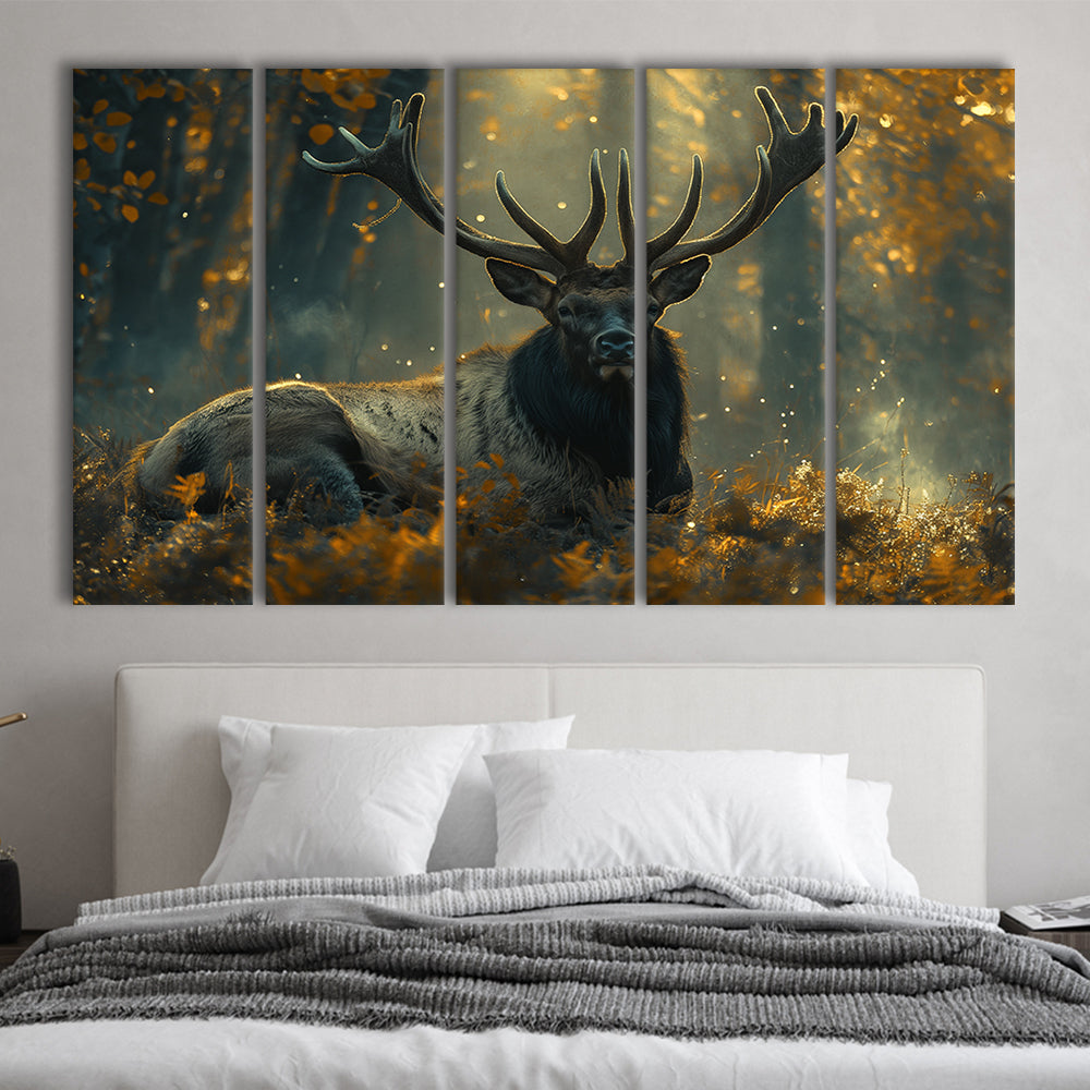 Elk With Antlers Lying In Forest, Hunting Art, Painting Art, Multi Panels Canvas Print Wall Art