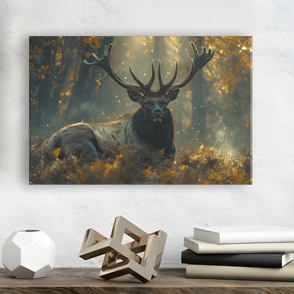 Elk With Antlers Lying In Forest, Hunting Art Decor, Painting Art, Canvas Print Wall Art Home Decor