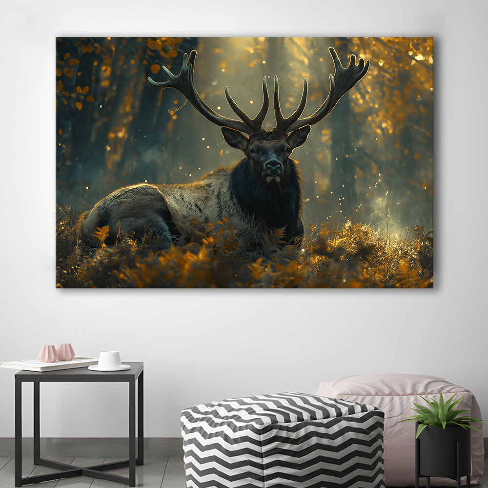 Elk With Antlers Lying In Forest, Hunting Art Decor, Painting Art, Canvas Print Wall Art Home Decor