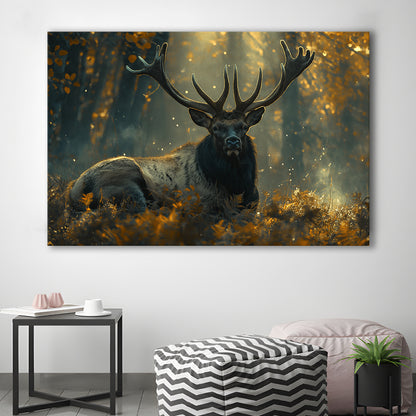 Elk With Antlers Lying In Forest, Hunting Art Decor, Painting Art, Canvas Print Wall Art Home Decor