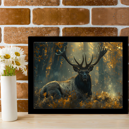 Elk With Antlers Lying In Forest, Hunting Art Decor, Painting Art, Framed Art Print Wall Decor, Framed Picture