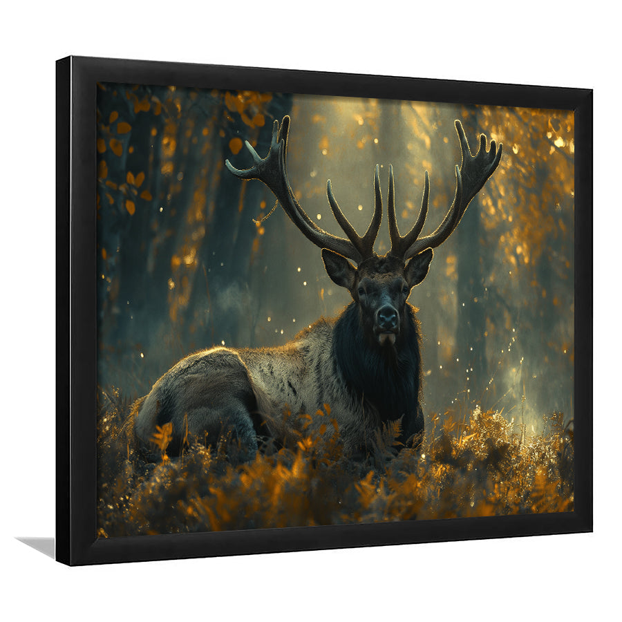 Elk With Antlers Lying In Forest, Hunting Art Decor, Painting Art, Framed Art Print Wall Decor, Framed Picture