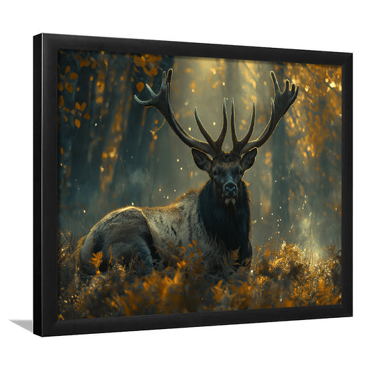 Elk With Antlers Lying In Forest, Hunting Art Decor, Painting Art, Framed Art Print Wall Decor, Framed Picture