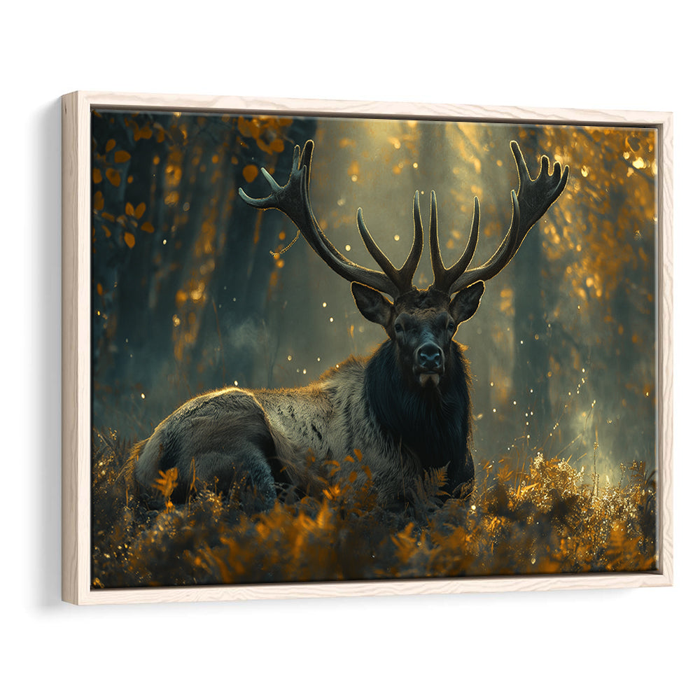 Elk With Antlers Lying In Forest, Hunting Art Decor, Painting Art, Floating Framed Canvas Print Wall Art