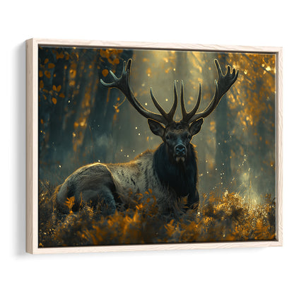 Elk With Antlers Lying In Forest, Hunting Art Decor, Painting Art, Floating Framed Canvas Print Wall Art