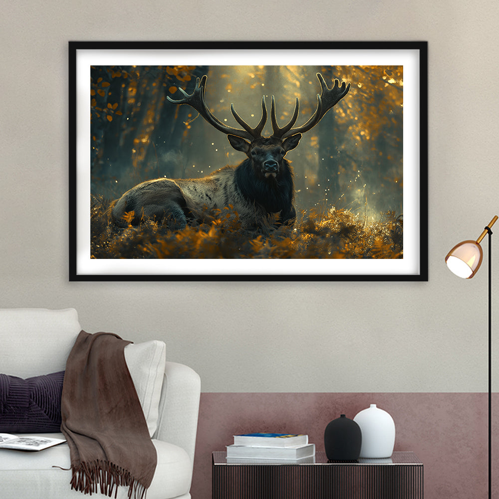 Elk With Antlers Lying In Forest, Hunting Art Decor, Painting Art, Framed Art Print White Border Wall Decor