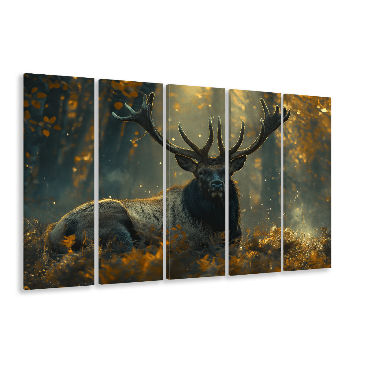 Elk With Antlers Lying In Forest, Hunting Art, Painting Art, Multi Panels Canvas Print Wall Art
