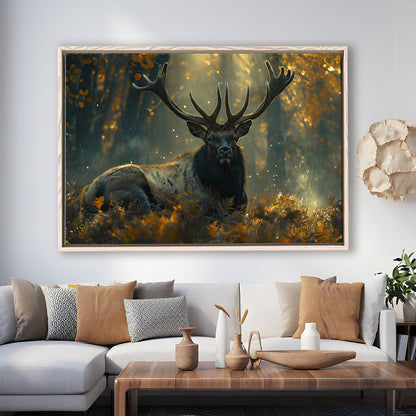 Elk With Antlers Lying In Forest, Hunting Art Decor, Painting Art, Floating Framed Canvas Print Wall Art