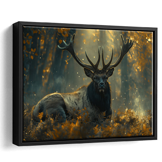 Elk With Antlers Lying In Forest, Hunting Art Decor, Painting Art, Floating Framed Canvas Print Wall Art