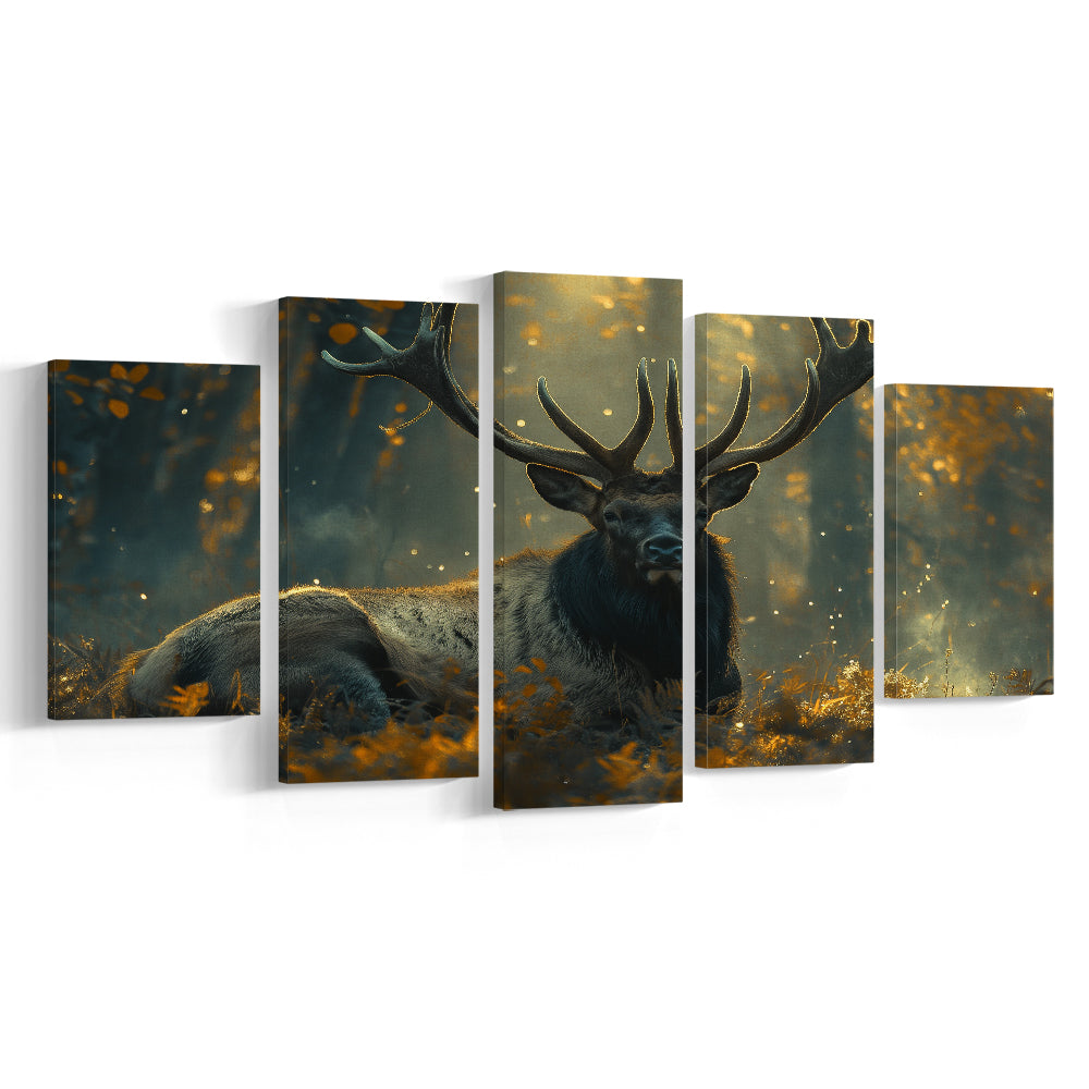 Elk With Antlers Lying In Forest, Hunting Art Decor, Painting Art, Mixed Panels Canvas Print Wall Art