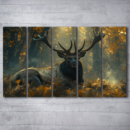 Elk With Antlers Lying In Forest, Hunting Art, Painting Art, Multi Panels Canvas Print Wall Art