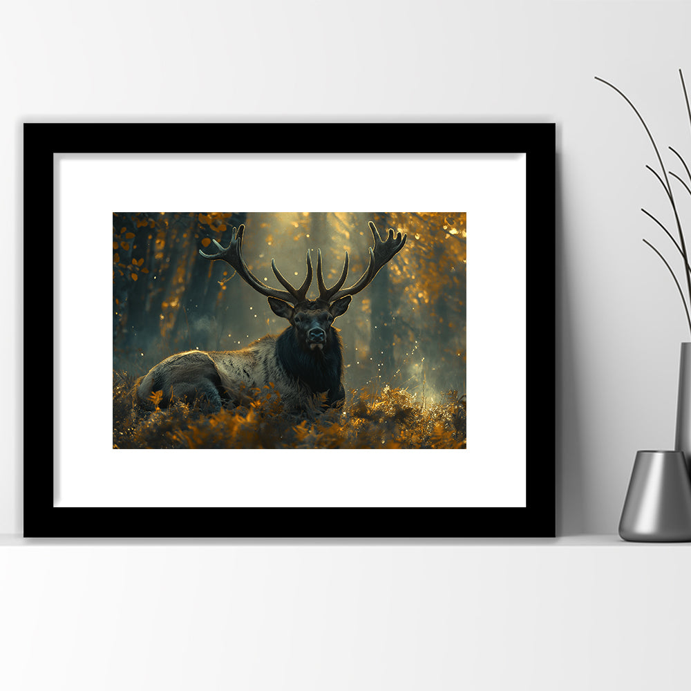 Elk With Antlers Lying In Forest, Hunting Art Decor, Painting Art, Framed Art Print White Border Wall Decor