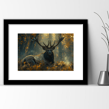 Elk With Antlers Lying In Forest, Hunting Art Decor, Painting Art, Framed Art Print White Border Wall Decor