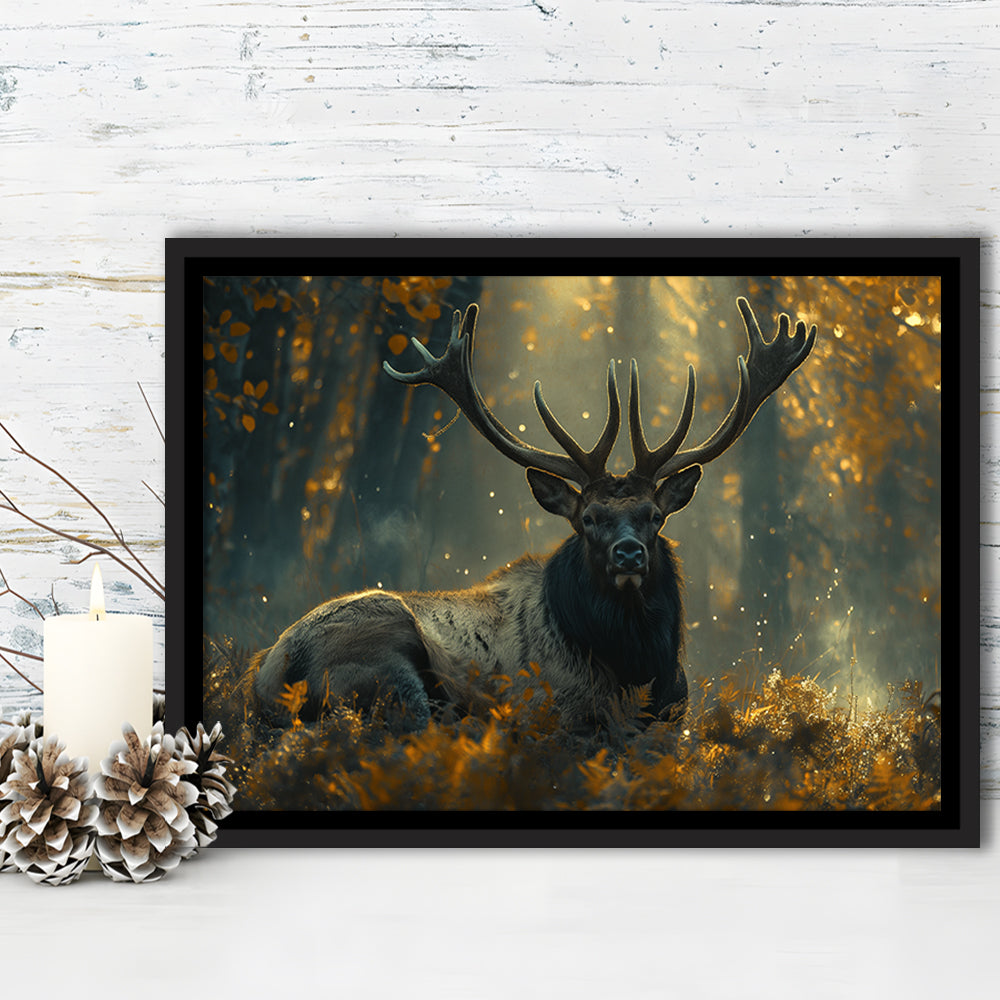 Elk With Antlers Lying In Forest, Hunting Art Decor, Painting Art, Floating Framed Canvas Print Wall Art
