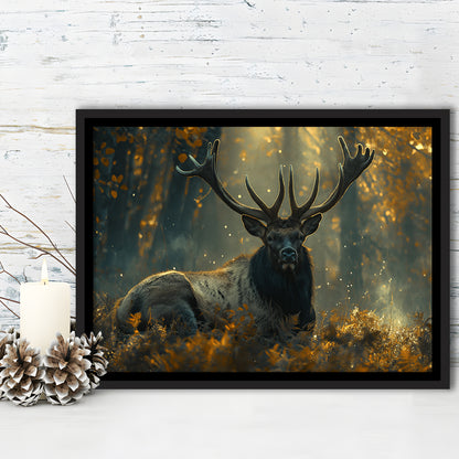 Elk With Antlers Lying In Forest, Hunting Art Decor, Painting Art, Floating Framed Canvas Print Wall Art