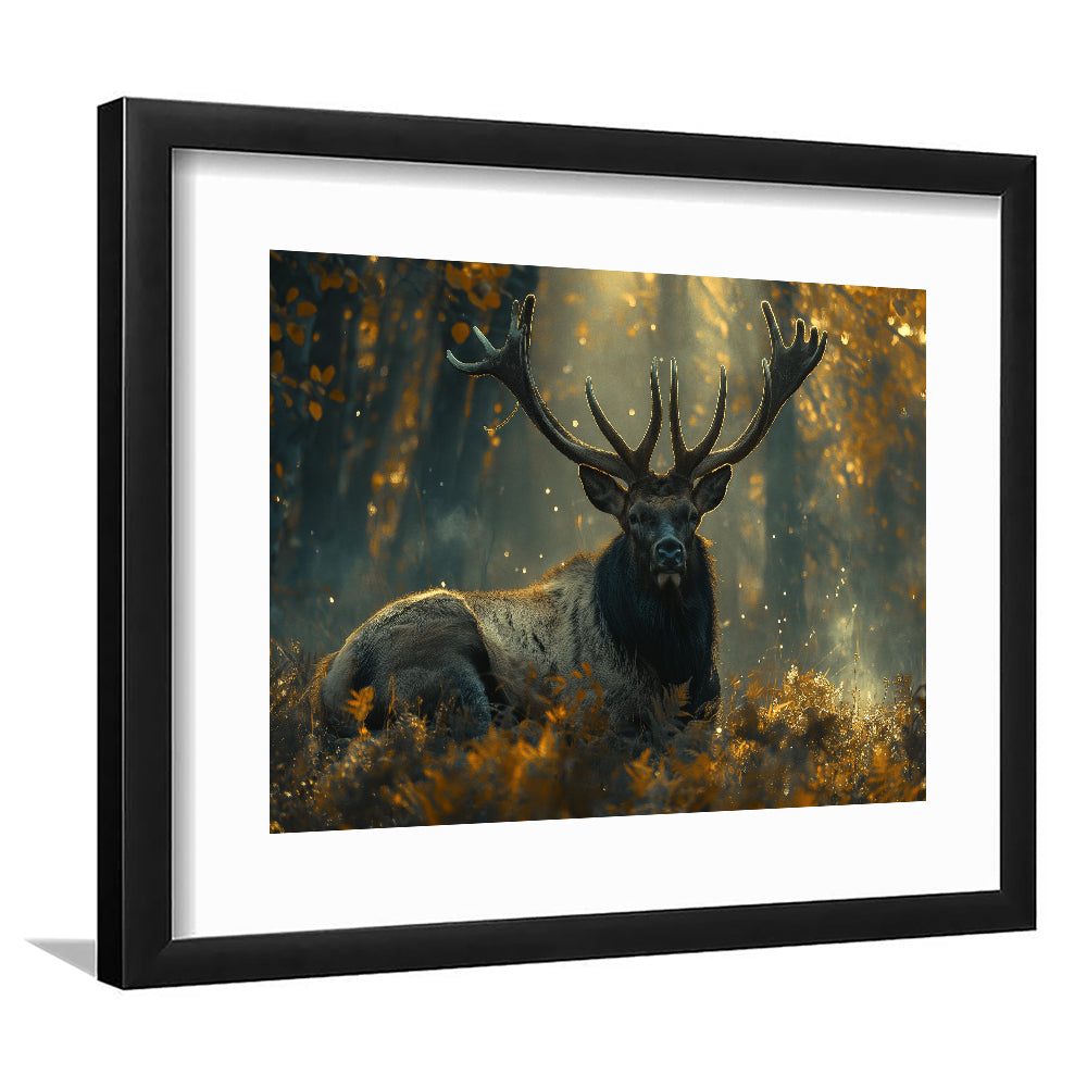 Elk With Antlers Lying In Forest, Hunting Art Decor, Painting Art, Framed Art Print White Border Wall Decor