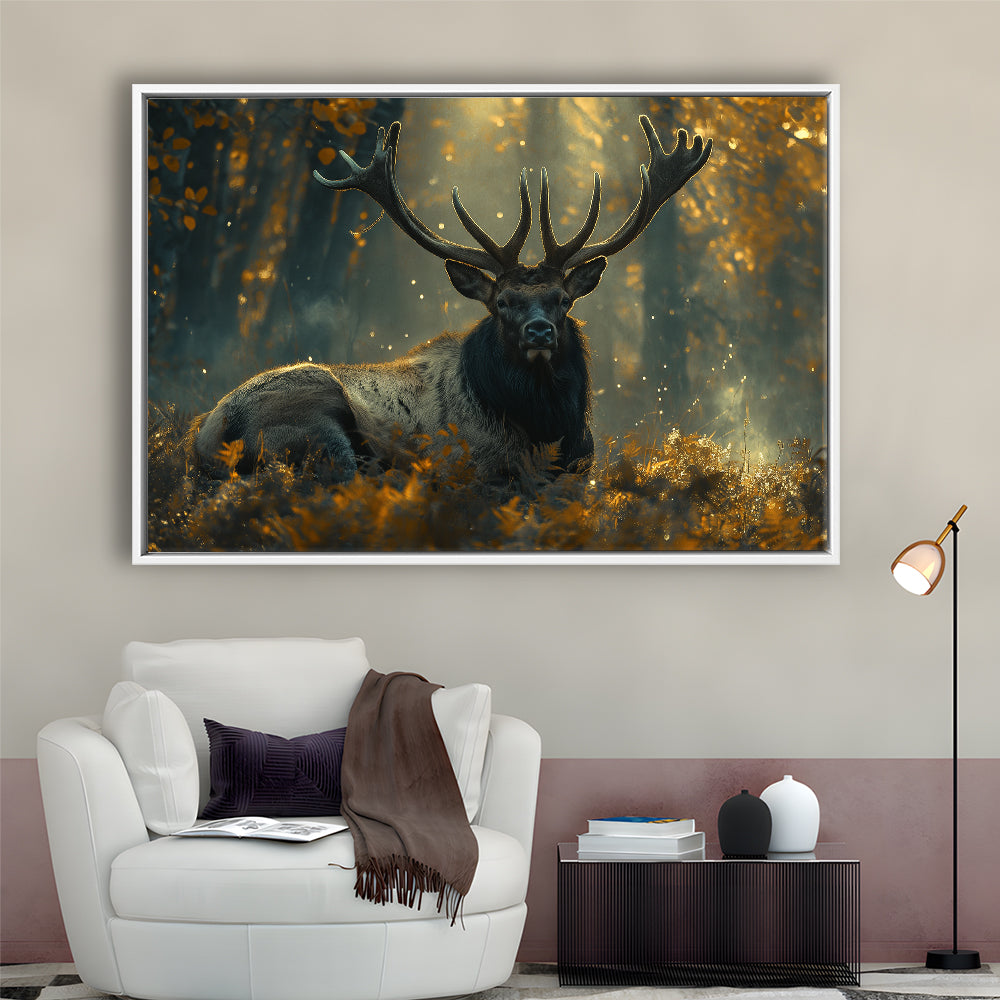 Elk With Antlers Lying In Forest, Hunting Art Decor, Painting Art, Floating Framed Canvas Print Wall Art
