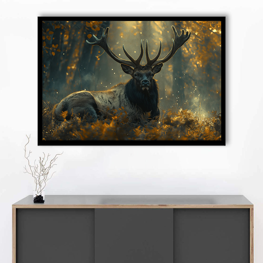 Elk With Antlers Lying In Forest, Hunting Art Decor, Painting Art, Framed Art Print Wall Decor, Framed Picture