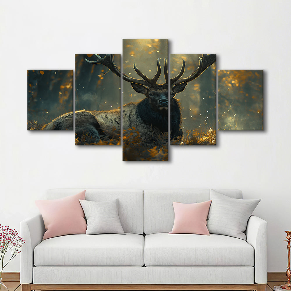 Elk With Antlers Lying In Forest, Hunting Art Decor, Painting Art, Mixed Panels Canvas Print Wall Art