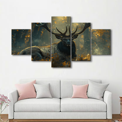 Elk With Antlers Lying In Forest, Hunting Art Decor, Painting Art, Mixed Panels Canvas Print Wall Art