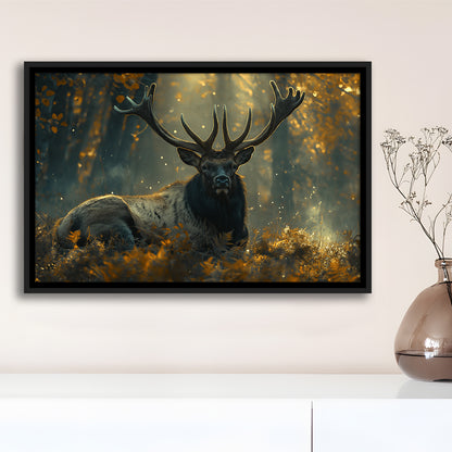 Elk With Antlers Lying In Forest, Hunting Art Decor, Painting Art, Floating Framed Canvas Print Wall Art