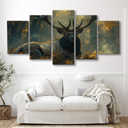 Elk With Antlers Lying In Forest, Hunting Art Decor, Painting Art, Mixed Panels Canvas Print Wall Art