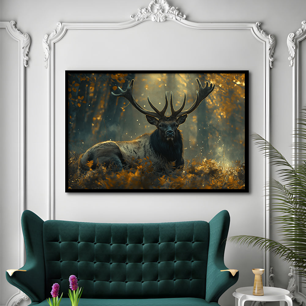 Elk With Antlers Lying In Forest, Hunting Art Decor, Painting Art, Framed Art Print Wall Decor, Framed Picture
