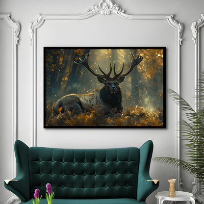 Elk With Antlers Lying In Forest, Hunting Art Decor, Painting Art, Framed Art Print Wall Decor, Framed Picture