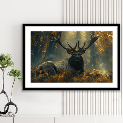 Elk With Antlers Lying In Forest, Hunting Art Decor, Painting Art, Framed Art Print White Border Wall Decor