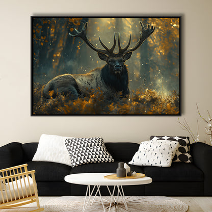 Elk With Antlers Lying In Forest, Hunting Art Decor, Painting Art, Floating Framed Canvas Print Wall Art