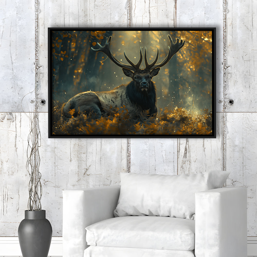 Elk With Antlers Lying In Forest, Hunting Art Decor, Painting Art, Floating Framed Canvas Print Wall Art